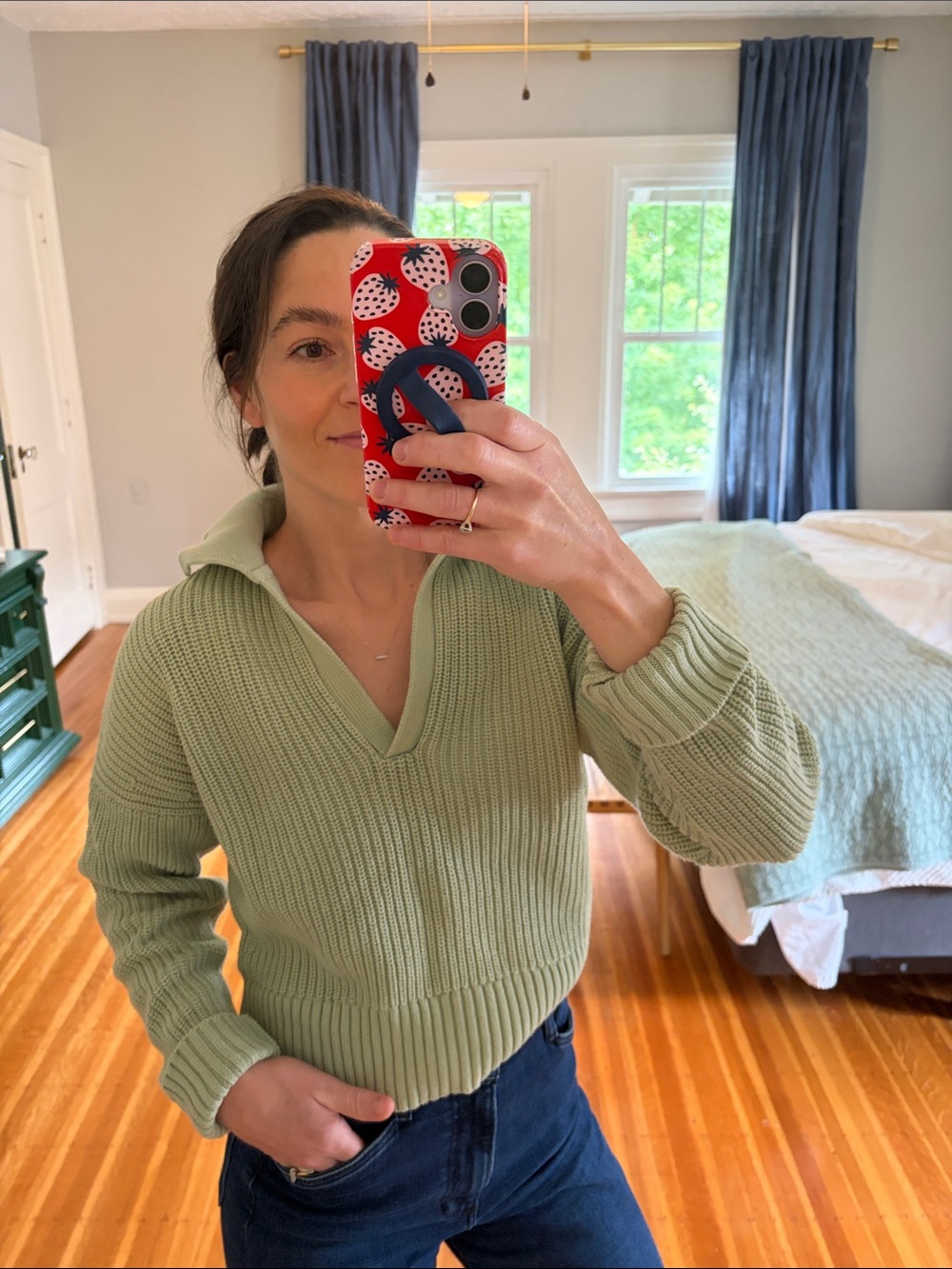 J. Crew 100% Cotton Sage Green V-Neck Ribbed Cropped Pullover